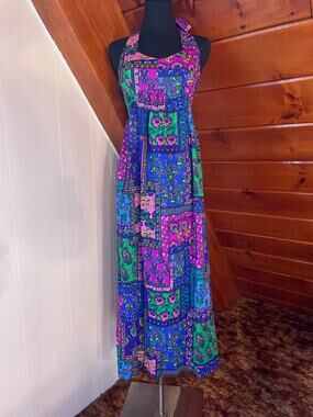 Vintage 70s Barkcloth DayGlo Hawaiian Patchwork Print Halter Maxi Dress sz S